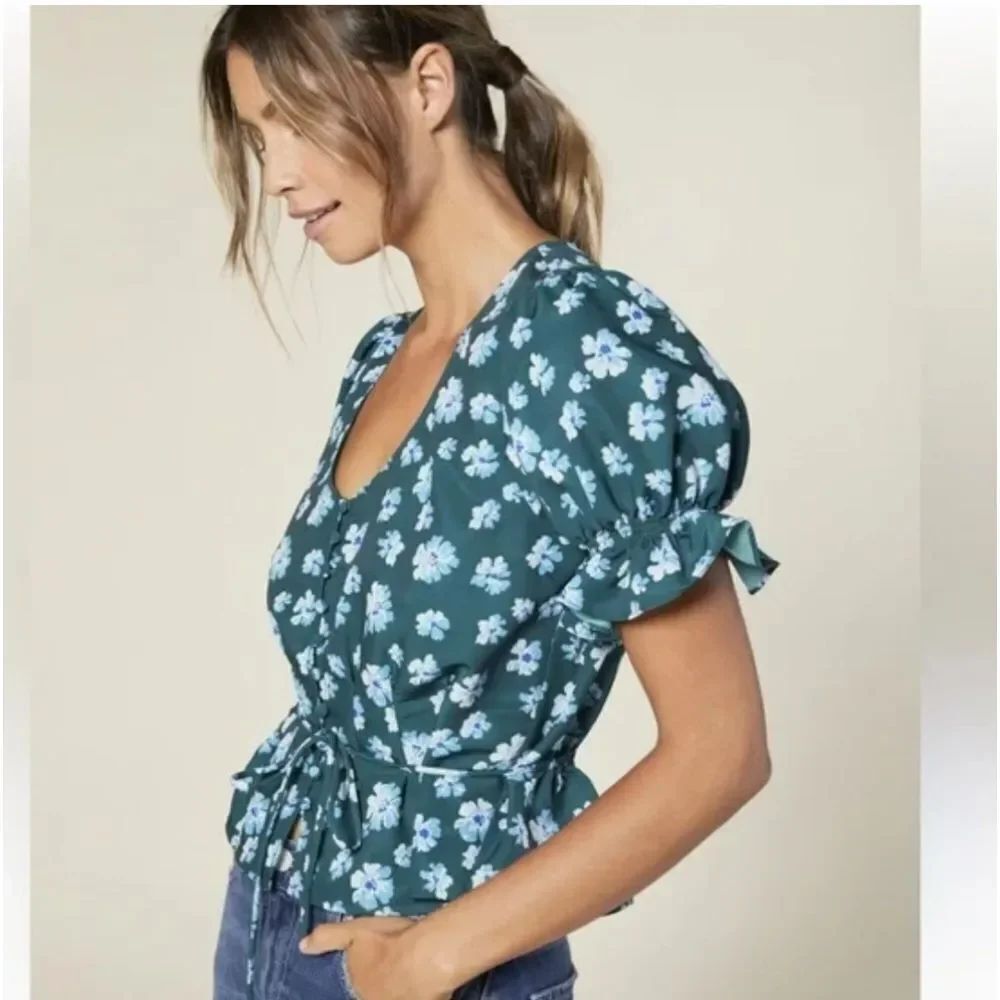 OuterKnown Women's XS Astral Blouse Floral Puff Sleeve NWT